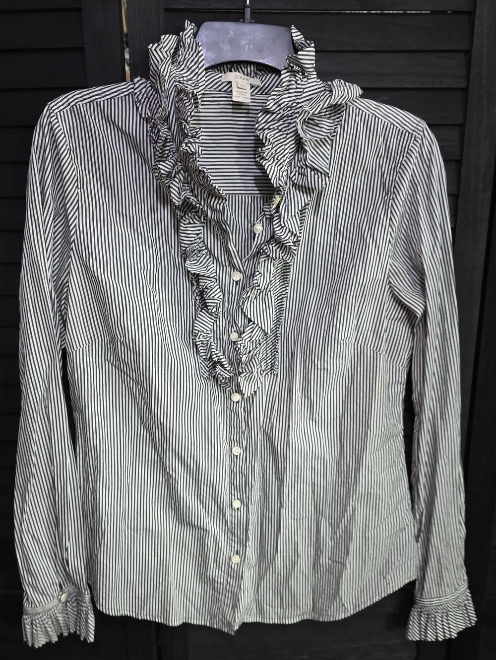 J. Crew Black & White Ruffle-Trim Stripe Button Front Blouse.